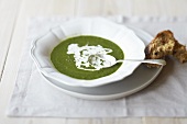 Pea and lettuce soup with sour cream