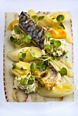 Warm fish salad with smoked eel and mackerel, leek and a mustard dressing