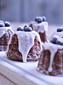 Mini chocolate cakes with icing sugar and blue berries