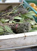 Bay leaves and lavender in a crate at a market