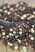 Various peppercorns on a wooden spoon