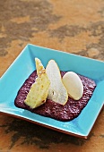 Cold elderberry soup with pear cake and vanilla ice cream