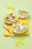 Boiled eggs with three sauces (dill, chive, walnuts)