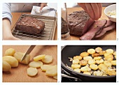 Roast beef and fried potatoes being prepared