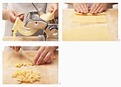 Pasta dough being made into tagliatelle with a machine and by hand