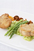 Veal sweetbreads with water cress risotto and asparagus