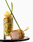 Saddle of rabbit with a sesame coating and pearl tapioca
