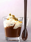 Drinking chocolate with cream and passion fruit sauce