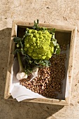 A wooden box filled with vegetables and legumes