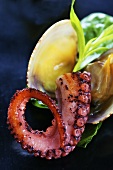 Fried octopus with Venus clams (close-up)