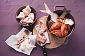 Basic ingredients for stock: meat pieces, poultry, fish and crustacean carcasses
