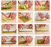 Making maki sushi with cucumber
