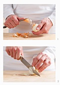 Peeling an onion and slicing into thin rings