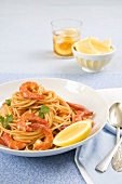 Bowl of Pasta with Shrimp on a Napkin