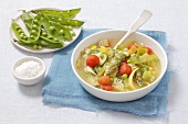 Minestrone with orzo pasta and cherry tomatoes