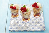 Layered dessert with biscuits, mascarpone, raspberries and honey