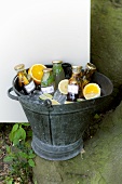 Various drinks in an ice bucket for a picnic
