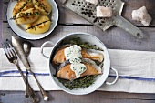 Fried salmon with sour cream sauce
