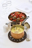 Lamb meatballs with tomatoes and lentils and egg soup with chicken sausages