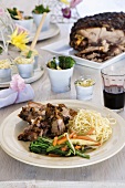 Oriental roast pork with vegetables and noodles