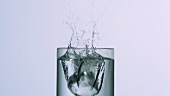 Eiswürfel fällt in ein Glas Wasser