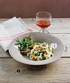 Vegetable risotto with grilled artichokes and bean salad