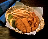 Fried Shrimp and Fish with Fries in a Basket