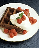 Schokoladenwaffel mit frischen Himbeeren & Schlagsahne