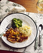 Pork Chop with Peaches;Pasta and Broccoli