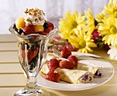 Fruit Salad in a Goblet and two Blintzes with Strawberries