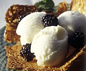 Vanilla Ice Cream Scoops and Blackberries on Tuiles