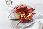 Lobster Body Tail and Claw on a Plate with Lemon