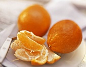 Geschälte Orangenstücke vor zwei ganzen Orangen