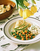 Baked Fish with Carrots; Peas and Rice