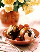 Ice Cream Sundae in a Dish with Raspberries