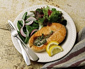 Salmon Steak with Sugar Snap Peas and a Side Salad