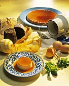 Crème caramel, surrounded by ingredients