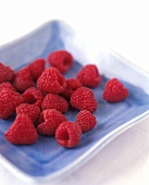 Raspberries on a Blue Square Dish