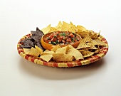 Bowl of Salsa with Variety of Tortilla Chips