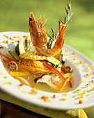 Shrimp with Vegetables and Pasta in Broth