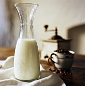 Cream in a Glass Carafe and Coffee Beans with Mill