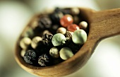 Red, Green, White Black Pepper Berries in Wooden Spoon