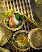 Shrimps and vegetables in bamboo steamers