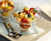 Fresh Fruit Salad with Cake Croutons and Lime Sauce