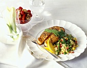 Grilled Salmon Steak with Basil Sauce and Vegetable Couscous