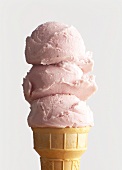 Three Scoops of Strawberry Ice Cream in a Cone