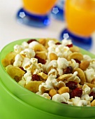 Homemade Snack Mix with Popcorn, Peanuts, Dried Bananas and Cranberries