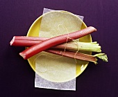 Three Pieces of Rhubarb on a Yellow Plate