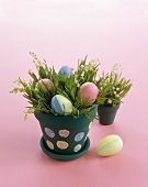 Colorful Easter Eggs in a Flower Pot with Grass