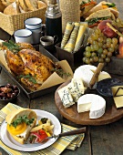 Picnic Buffet with Cheese, Roast Turkey and Sandwiches